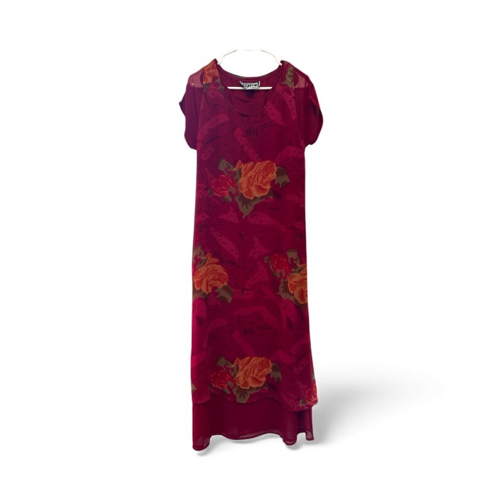 Vintage 90’s Fair Affair Red Floral Double Layered Maxi Dress Size Small